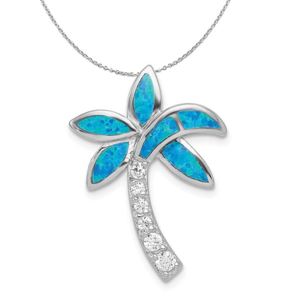 Silver, Created Opal and Cubic Zirconia Palm Tree Necklace - 24 In